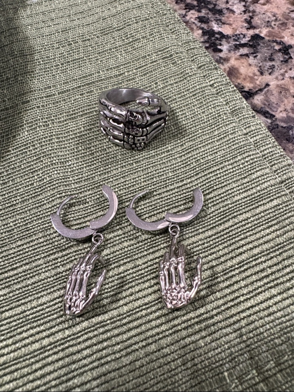 Silver tone Skeleton Hand Ring and Hoop Earrings Set